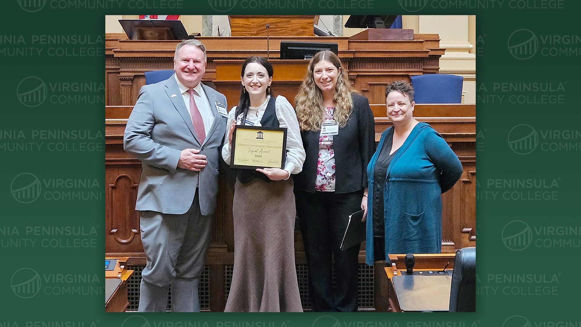 Holding the prestigious award, Montgomery is pictured with (l-r) Dr. Chapman Rackaway of Radford University, Dr. Amanda Wintersieck, VCU’s IDPCE director, and Dr. Bobbi Gentry of Bridgewater College