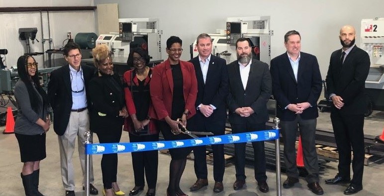 Participating in the ribbon-cutting were (from left): Patrecia Gary, Joseph Fuentes, TiJuana Gholson, Dr. Joyce Jarrett, Dr. Towuanna Porter Brannon, Thomas Cosgrove, Todd Estes, Shawn Avery, and Geronimo Sutphin. All but Cosgrove (Newport News Shipbuilding) and Shawn Avery (Hampton Roads Workforce Council) are affiliated with VPCC