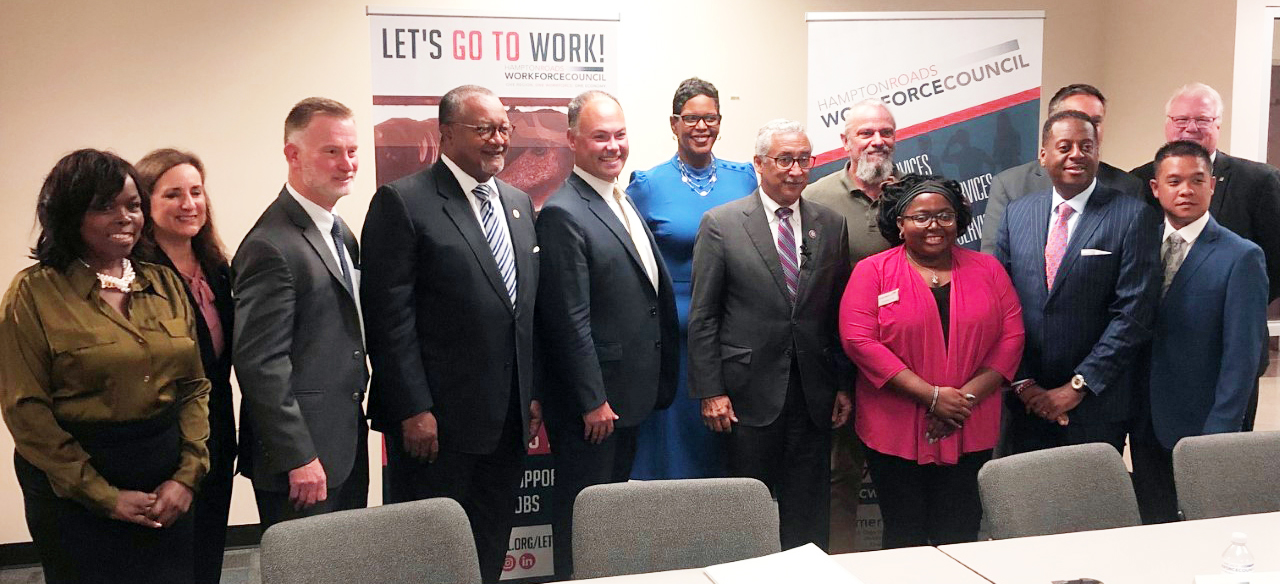 Pictured here are VPCC President Dr. Towuanna Porter Brannon (center), Congressman Bobby Scott (right), Hampton Vice Mayor James Gray (further left), senior advisor to U.S. Secretary of Commerce Gina Raimondo Kevin Gallagher, Hampton Roads Workforce Council President and CEO Shawn Avery, Newport News City Councilwoman Tina Vick, Hampton Roads Workforce Council Chair Dr. John Olson, Hampton Roads Workforce Council Vice Chair Mark John and Tim Richardt, Former jobseeker Champagne Hill and Thanh Nguyen.