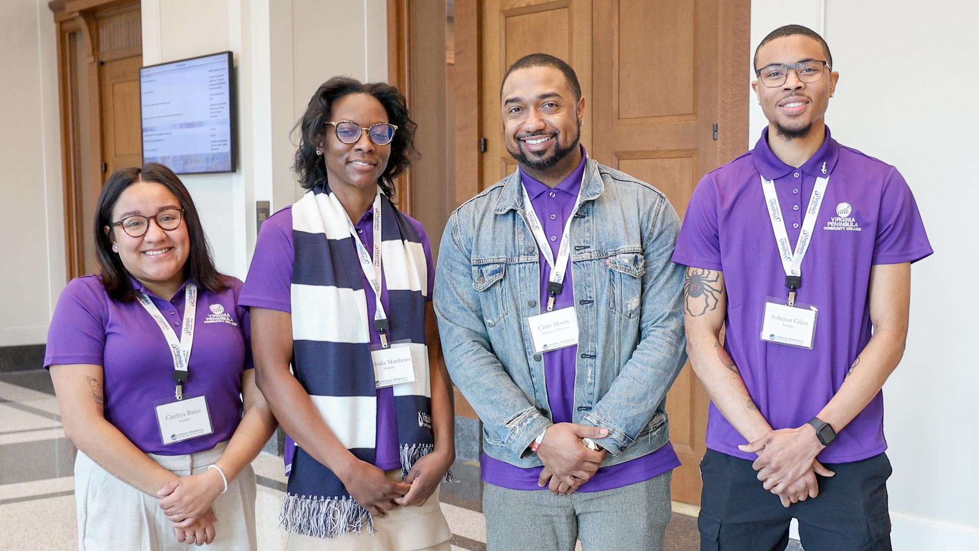 From left: Cinthya Bates, Nathalia Matthews, VPCC athletics director and men's basketball coach Chris Moore and Asheton Glass.